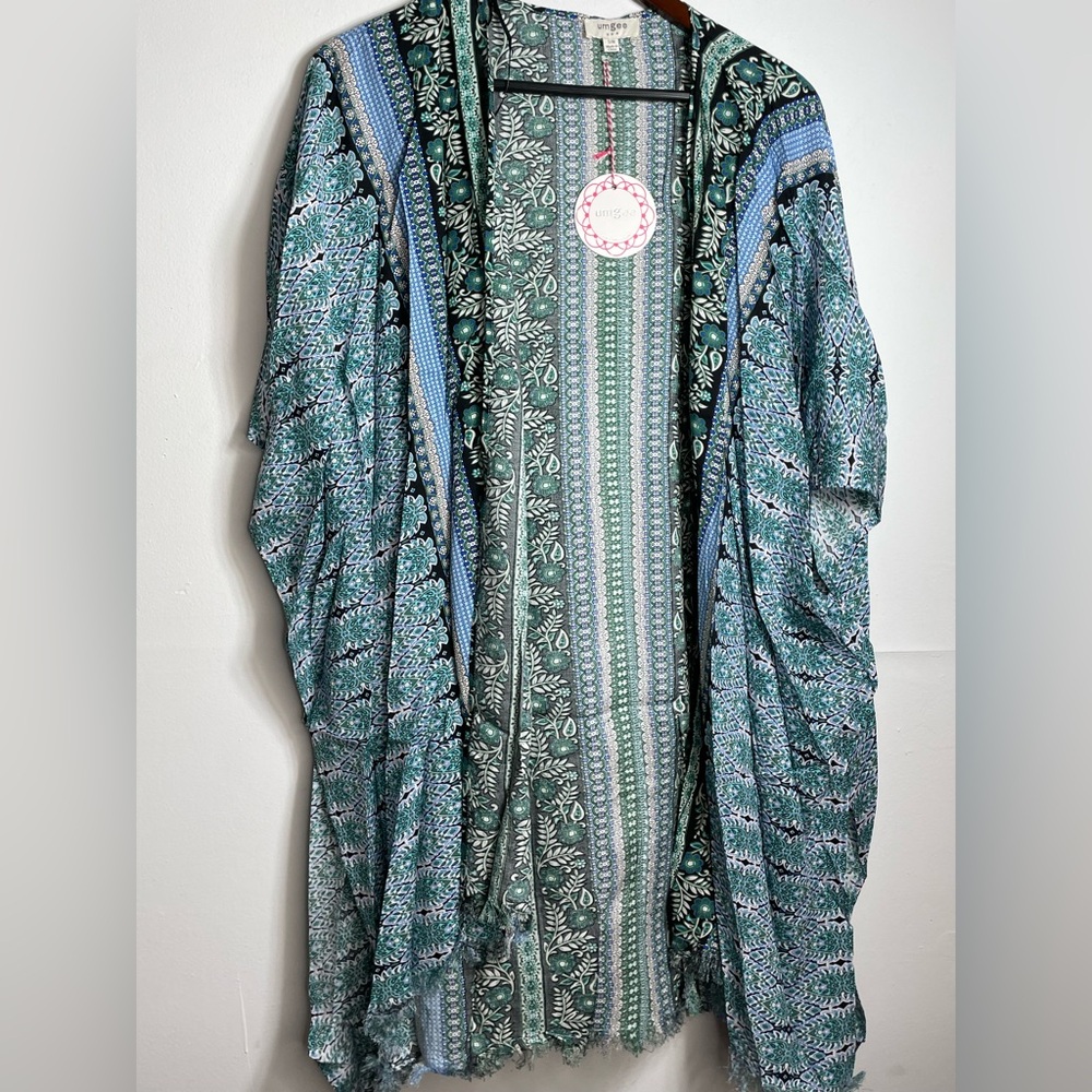 Umgee NWT Boutique Gypsy Boho green blue Paisley Print Dress S M L